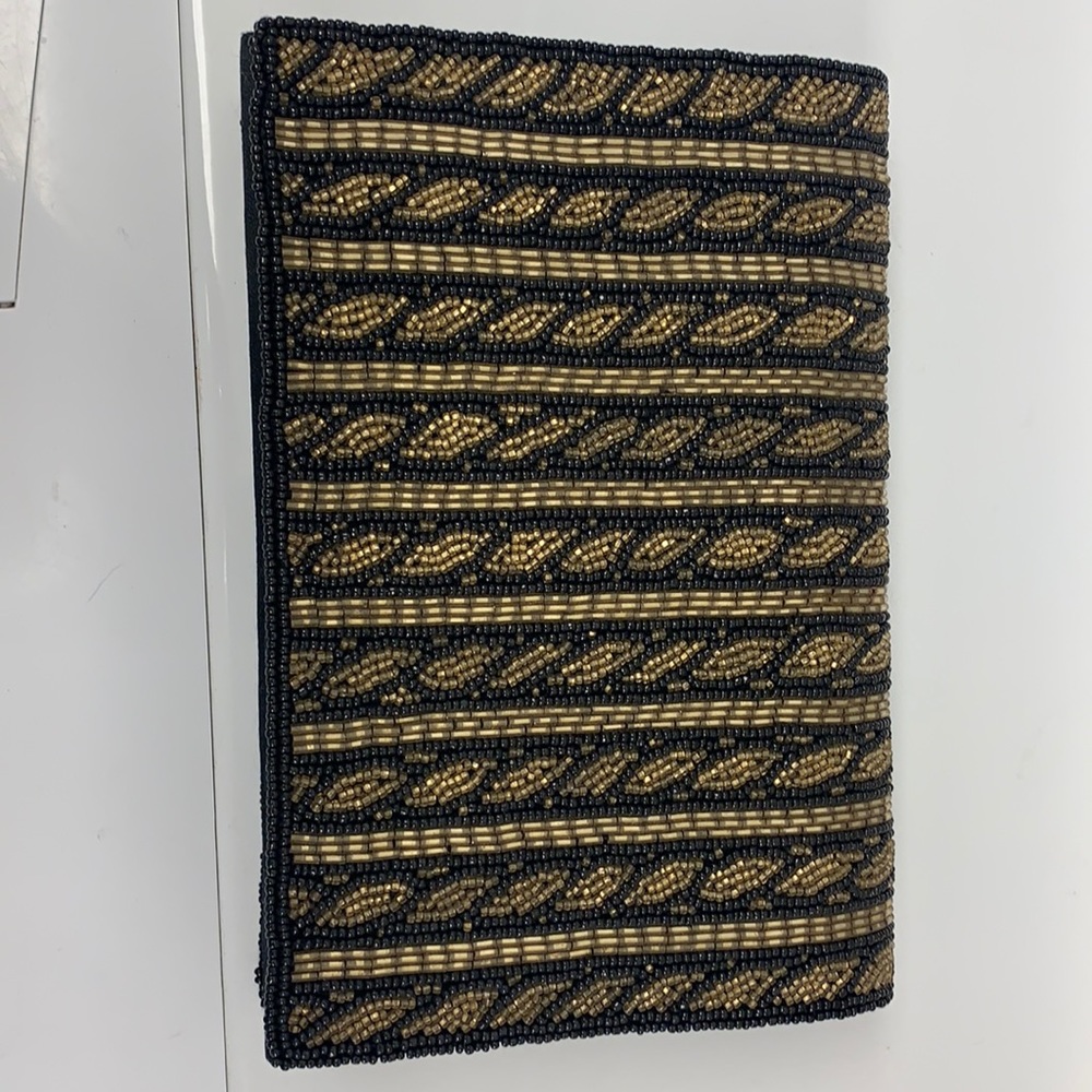 Evening bag.  Black satin with black and metallic gold beads